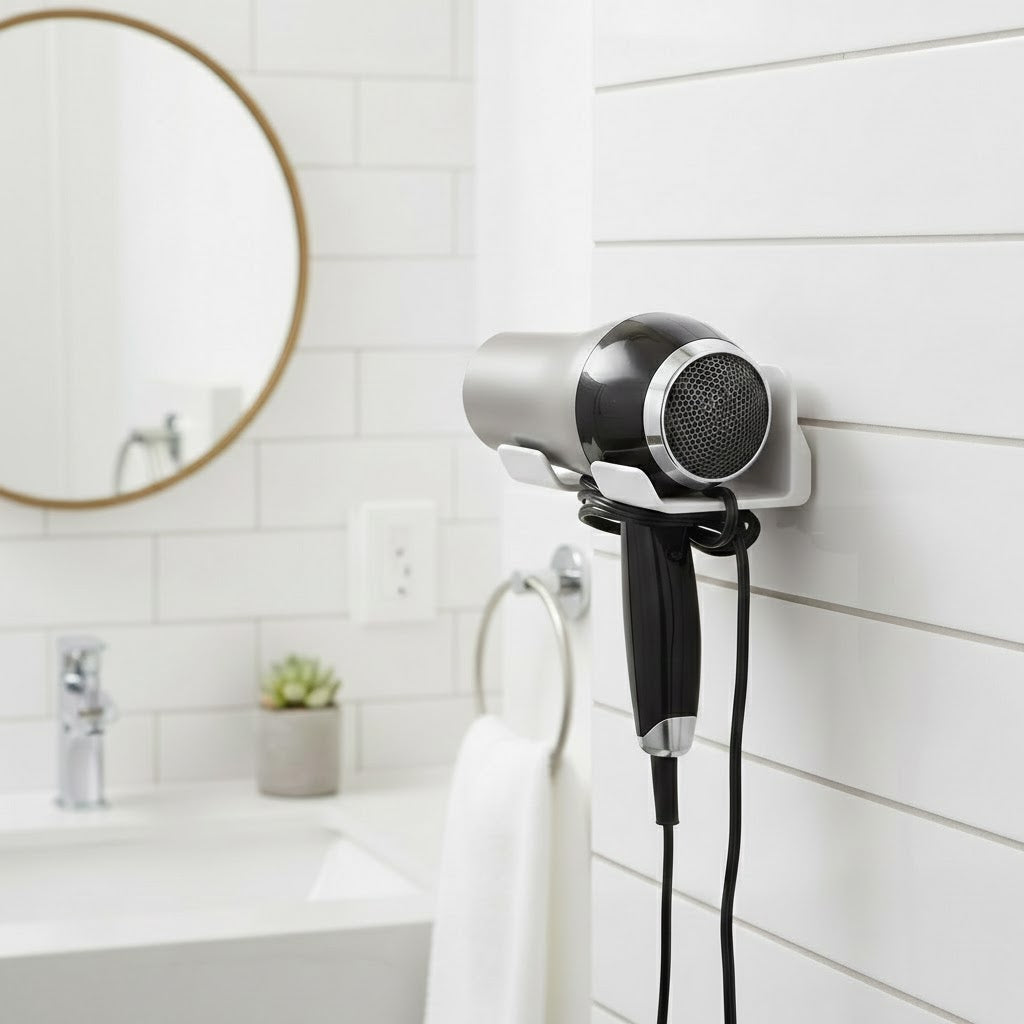 Sleek Wall-Mounted Hair Dryer Holder with Integrated Cable Management