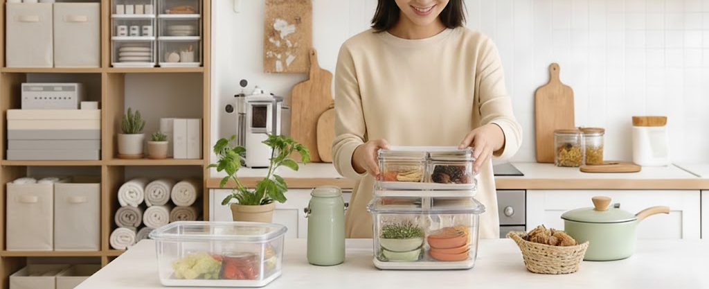 Woman in a kitchen holding food containers with a well-organized background